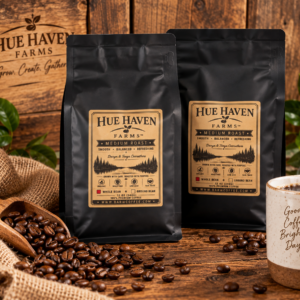 Bag of Hue Haven Farms medium roast coffee