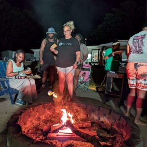 Fire pit gathering area for private events at Hue Haven Farms